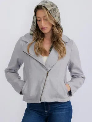 WOMEN'S LONG SLEEVE ZIP UP FRONT POCKETS CAMO PRINT HOODED JACKET