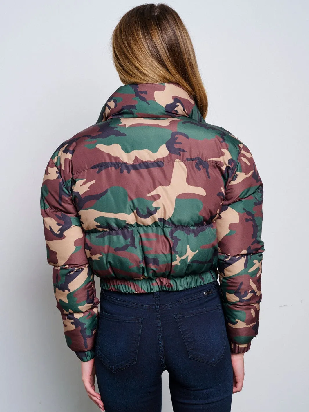 WOMEN'S LONG SLEEVE ZIP UP FRONT POCKETS PUFFER CAMO PRINT JACKET