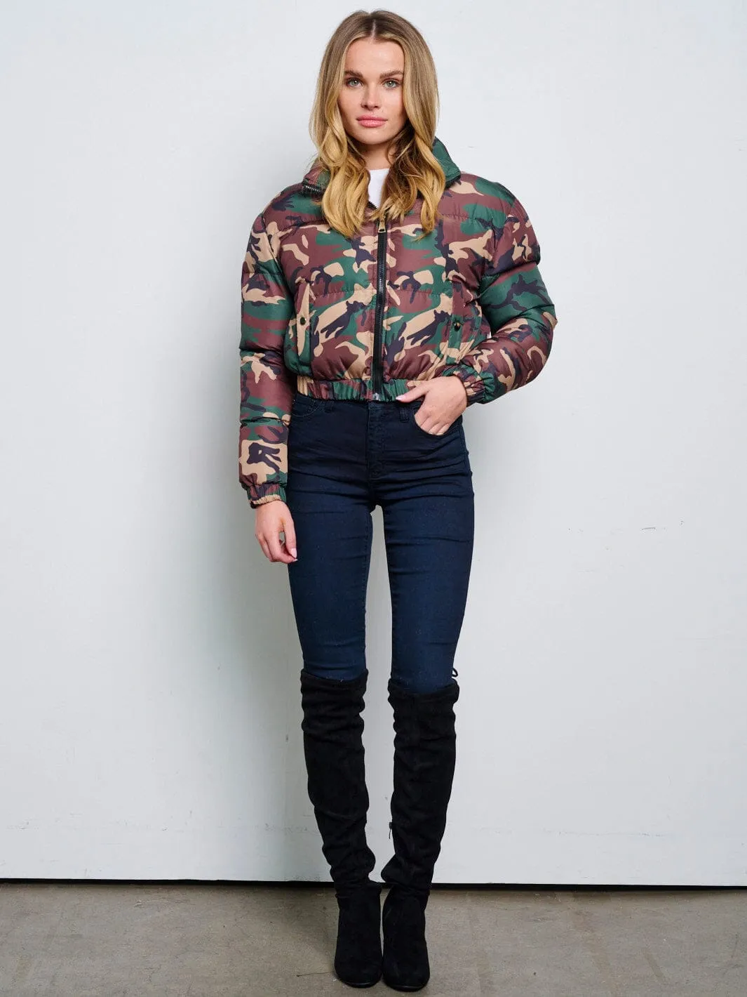 WOMEN'S LONG SLEEVE ZIP UP FRONT POCKETS PUFFER CAMO PRINT JACKET