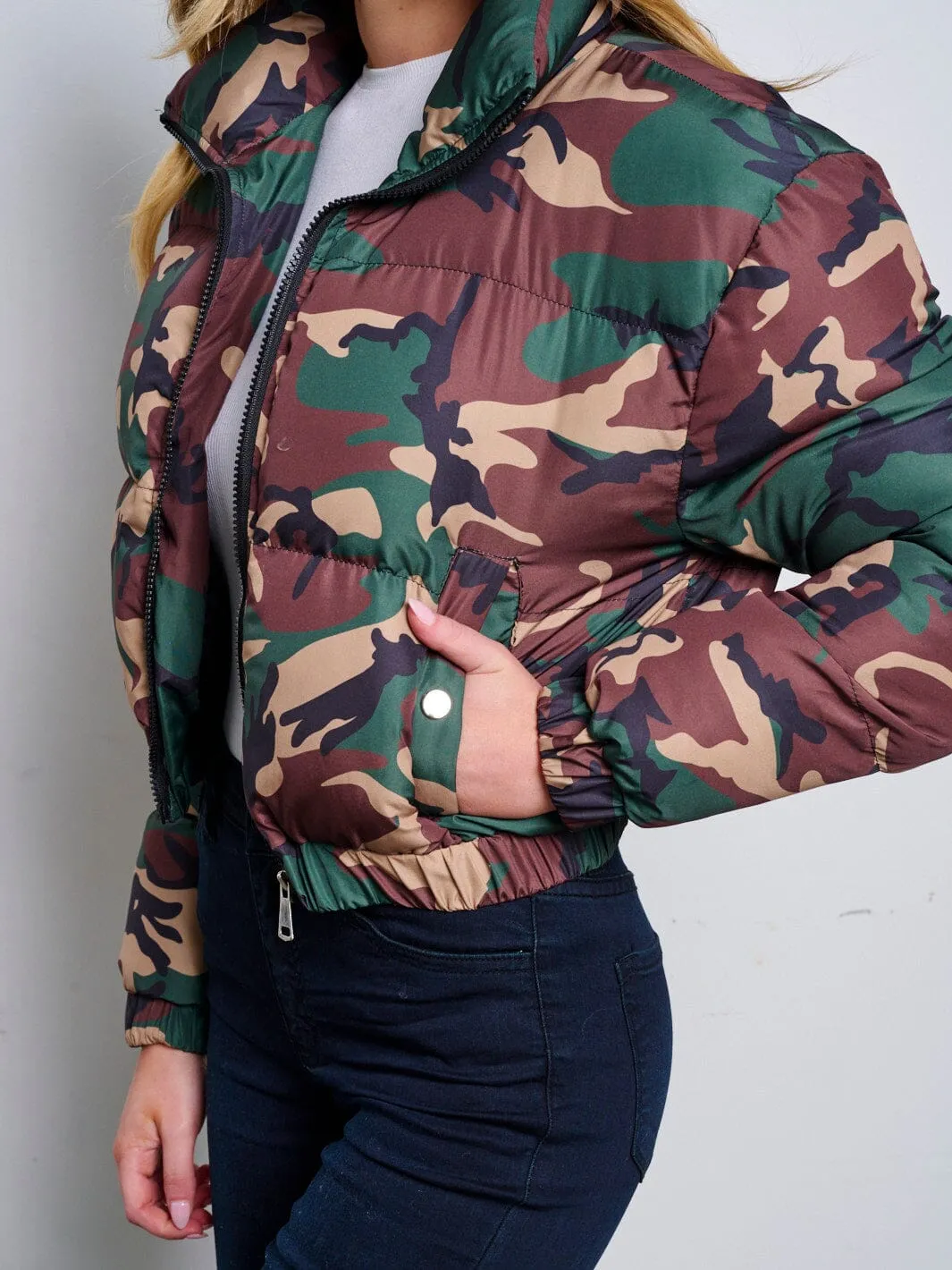 WOMEN'S LONG SLEEVE ZIP UP FRONT POCKETS PUFFER CAMO PRINT JACKET