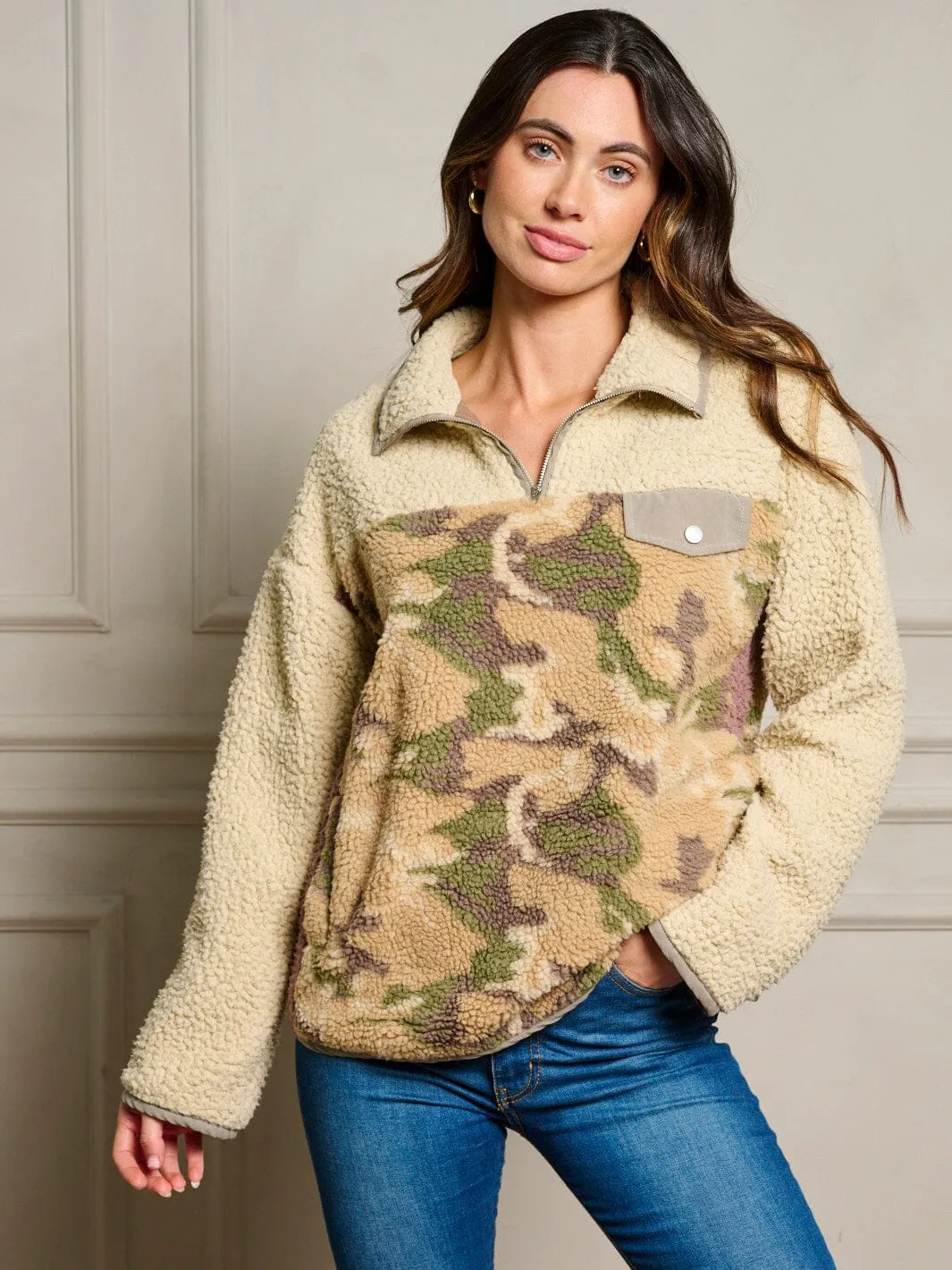 WOMEN'S LONG SLEEVE ZIP UP POCKETS CAMO PRINT PULLOVER SWEATER