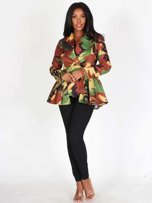 WOMEN'S LONG SLEEVES BUTTON CLOSURE PEPLUM CAMO GRAPHIC JACKET