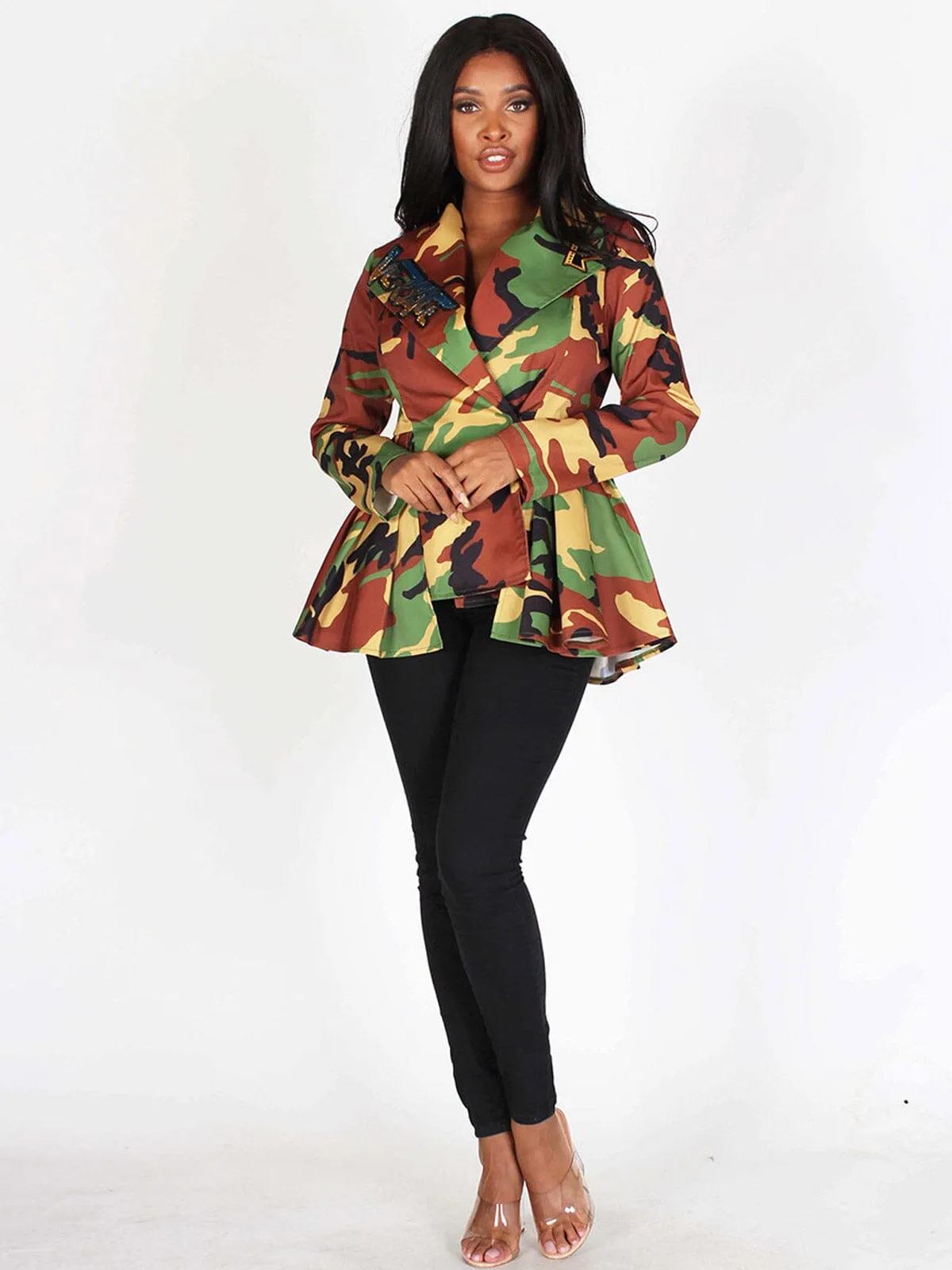 WOMEN'S LONG SLEEVES BUTTON CLOSURE PEPLUM CAMO GRAPHIC JACKET