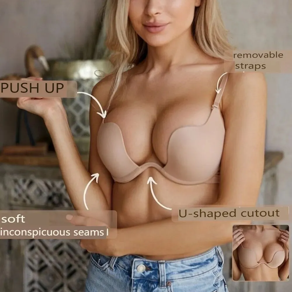 Women's Seamless Traceless Open Cup Push Up Deep U Backless Invisible Bra - 1PCS