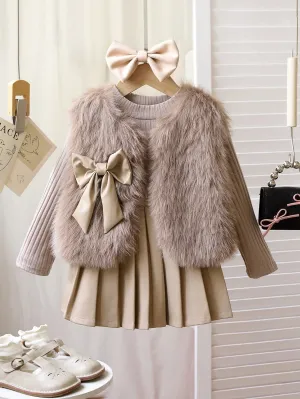 Young Girl 3pcs Fashionable Wool Vest Coat, Long Sleeve Knit Top And Half-Body Leather Skirt Set, Spring & Autumn FD