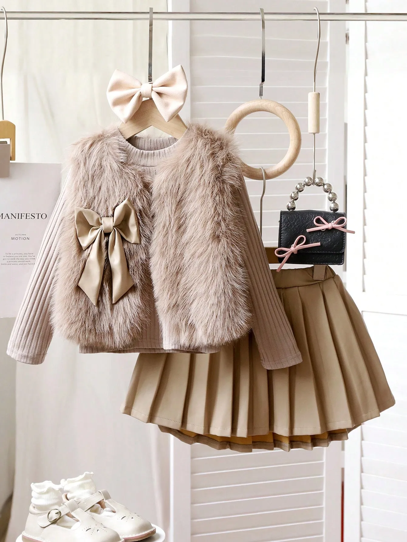 Young Girl 3pcs Fashionable Wool Vest Coat, Long Sleeve Knit Top And Half-Body Leather Skirt Set, Spring & Autumn FD