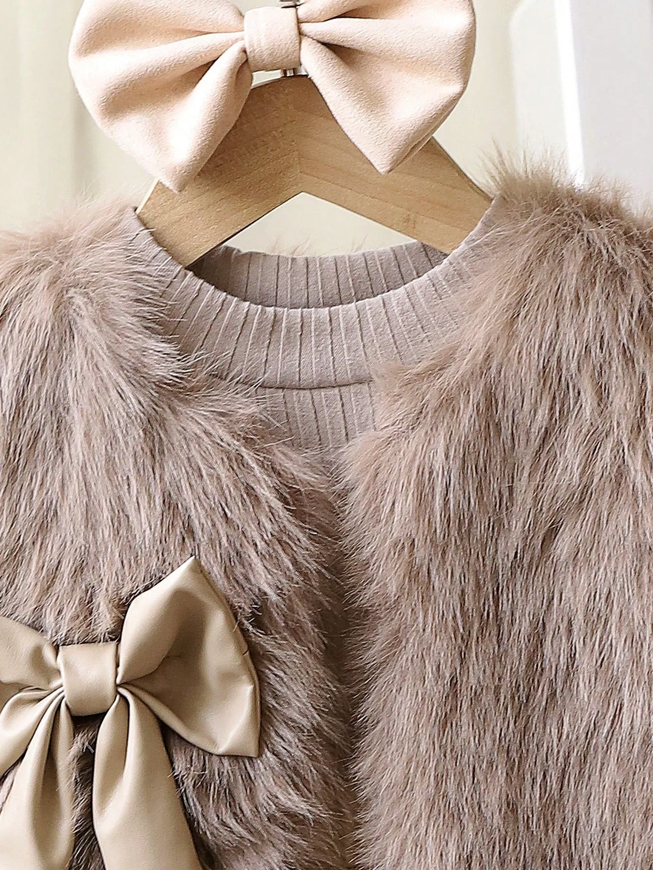 Young Girl 3pcs Fashionable Wool Vest Coat, Long Sleeve Knit Top And Half-Body Leather Skirt Set, Spring & Autumn FD