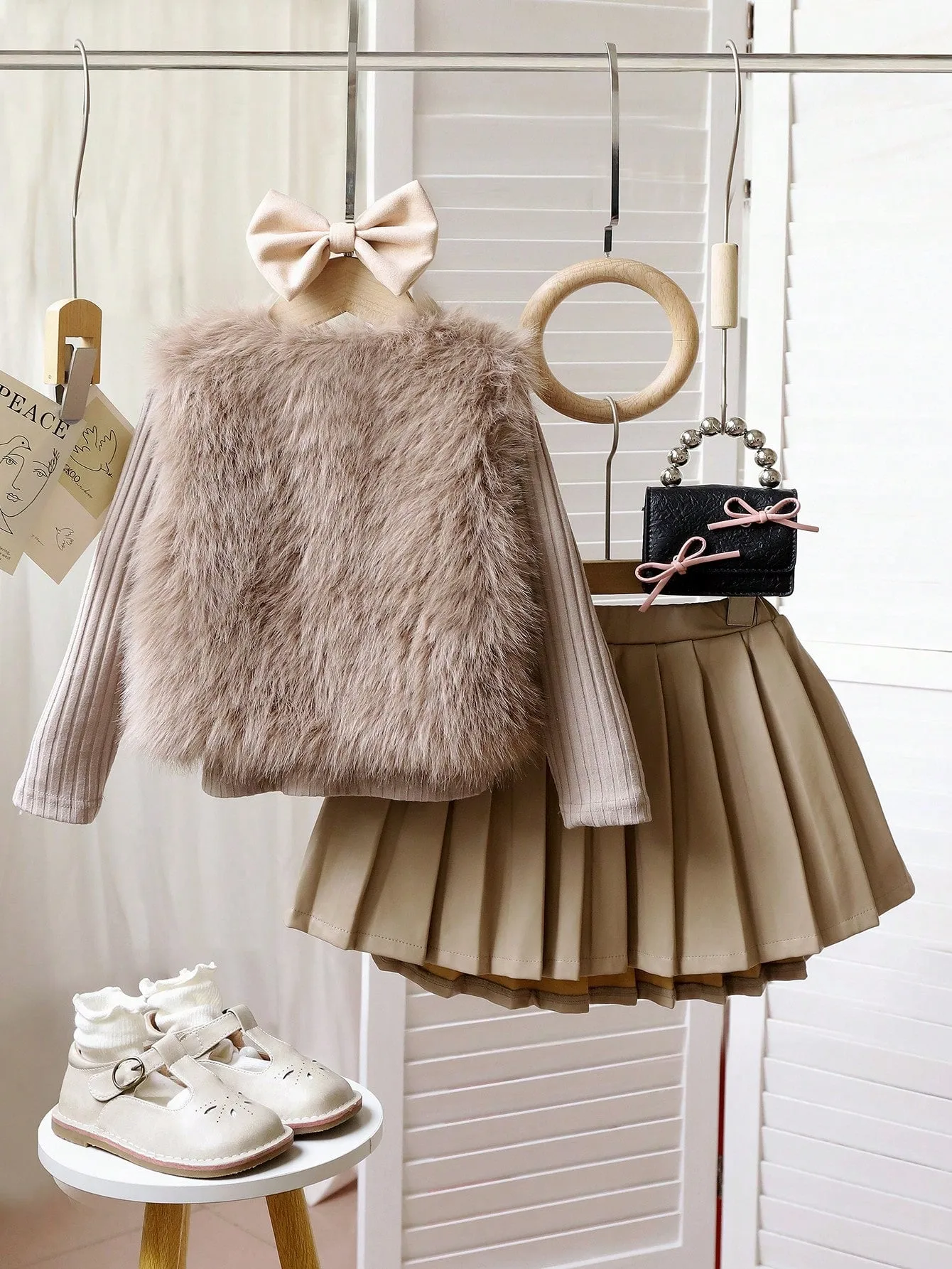 Young Girl 3pcs Fashionable Wool Vest Coat, Long Sleeve Knit Top And Half-Body Leather Skirt Set, Spring & Autumn FD