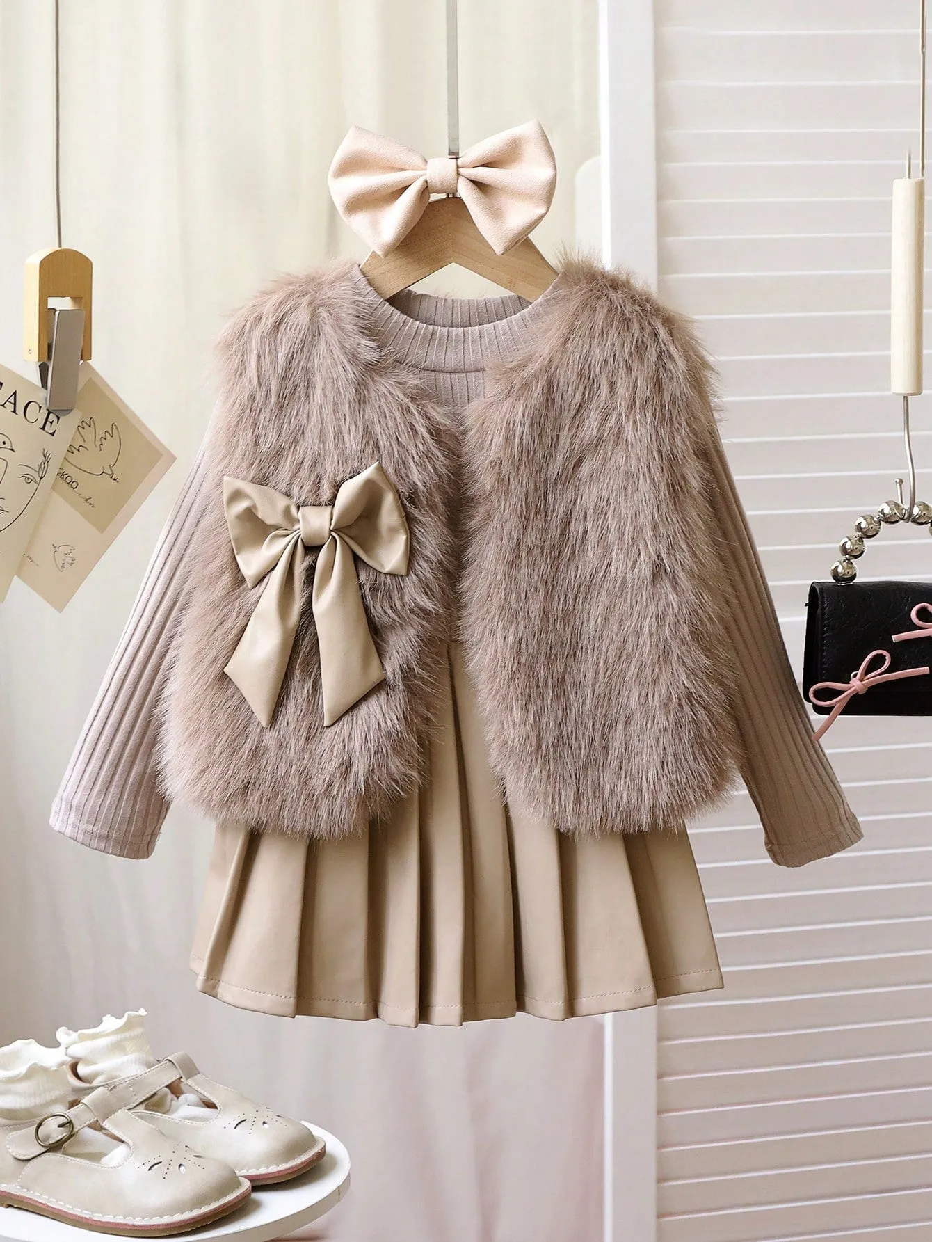 Young Girl 3pcs Fashionable Wool Vest Coat, Long Sleeve Knit Top And Half-Body Leather Skirt Set, Spring & Autumn FD
