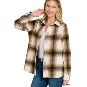 Zenana Fireside Plaid Shacket in Camel S-XL QJ-1296D4